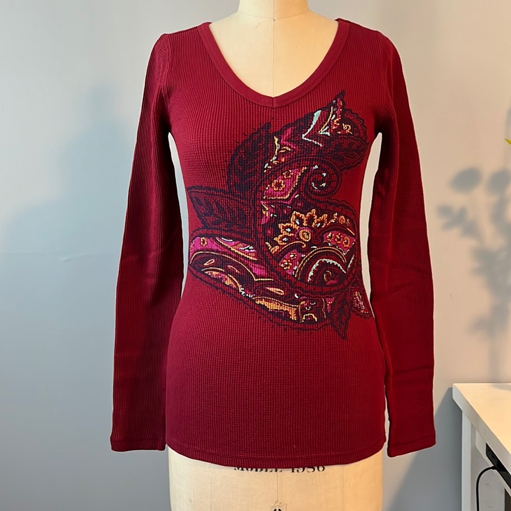 Lucky Brand burgundy long sleeve knit top with paisley design